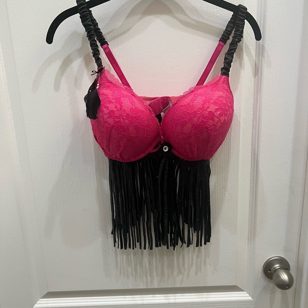 Selina PUSH-UP bra top.34DD .  Hot pink lace  and black vegan leather